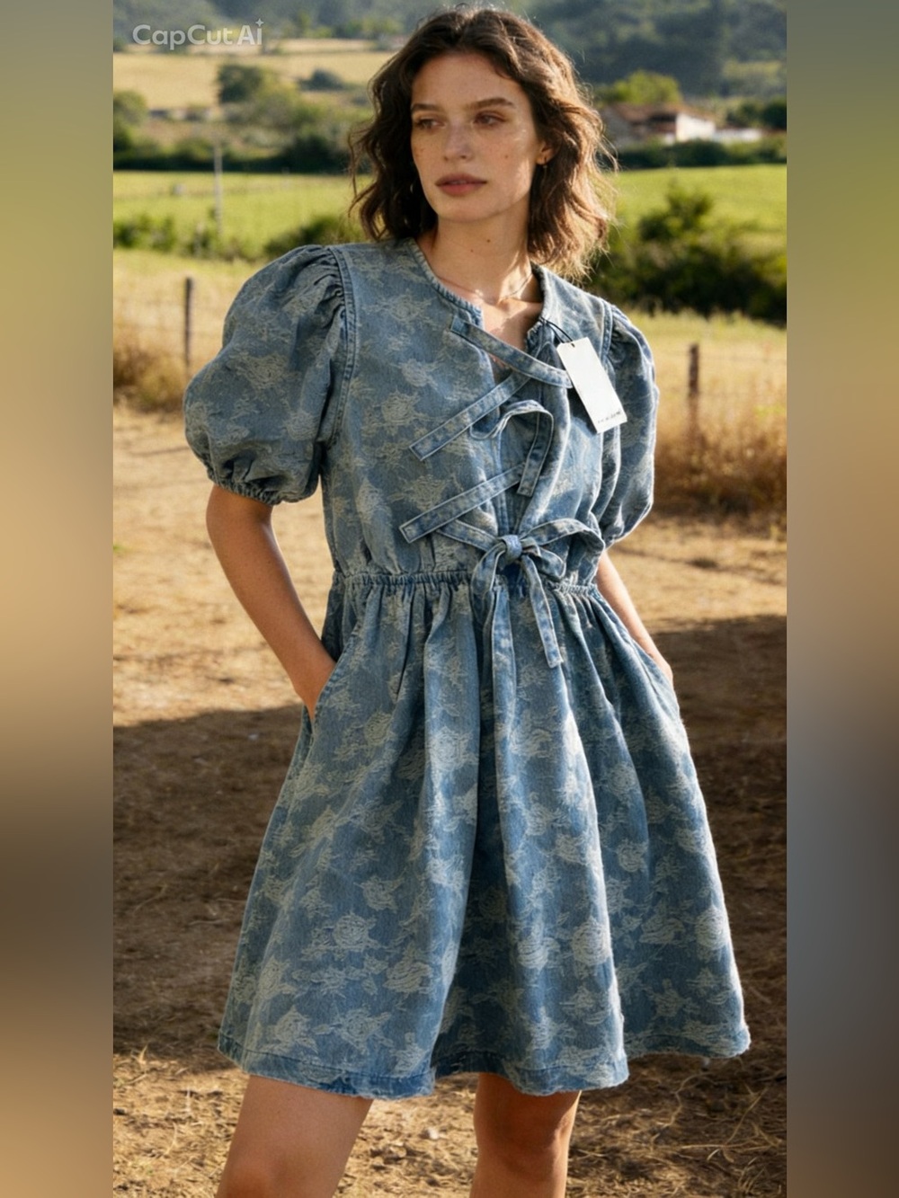 NWT Boutique Denim Floral print Dress w/ pockets Tie-Front Puff Sleeve Midi Dres